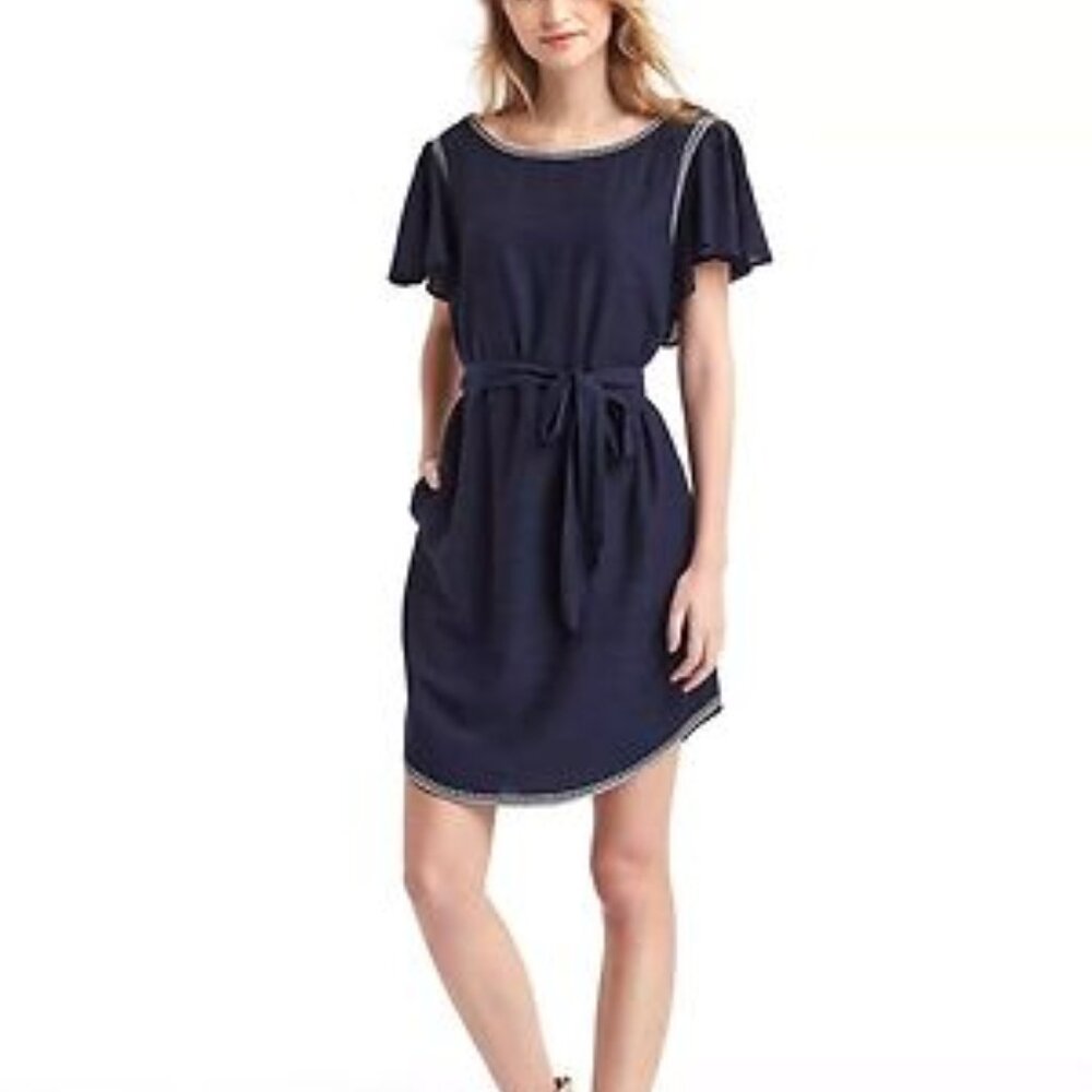 Gap Navy Embroidered Belted Flutter Dress
